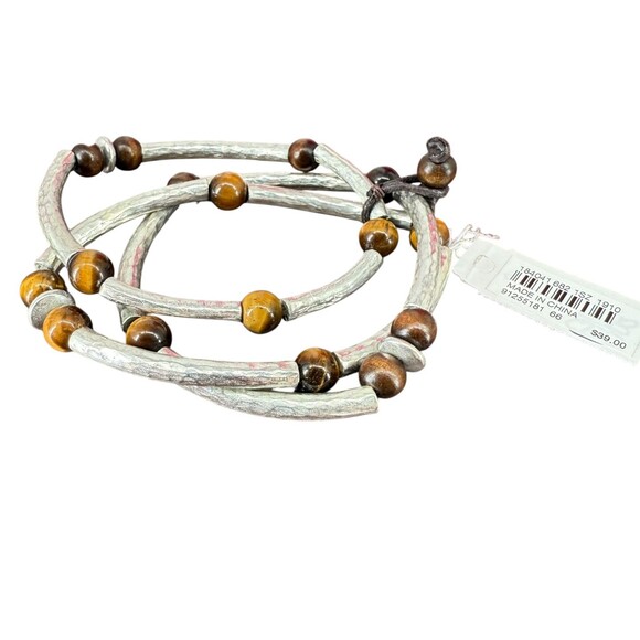 J. Jill Beaded Stone Bracelet Tiger's Eye Wood Hammered Metal Curved Silver Tone - Picture 13 of 14